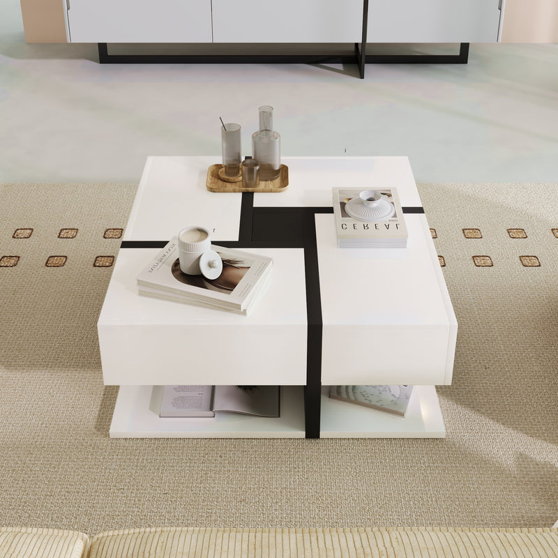 Table basse carrée moderne blanc brillante & noir avec tiroirs UMADS