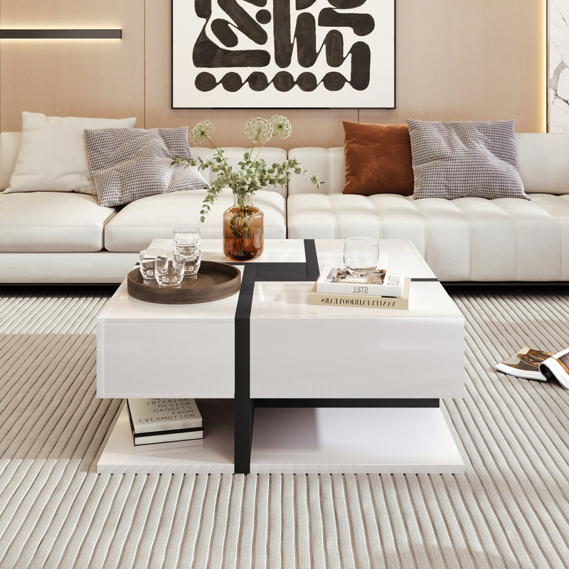 Table basse carrée moderne blanc brillante & noir avec tiroirs UMADS