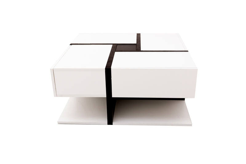 Table basse carrée moderne blanc brillante & noir avec tiroirs UMADS