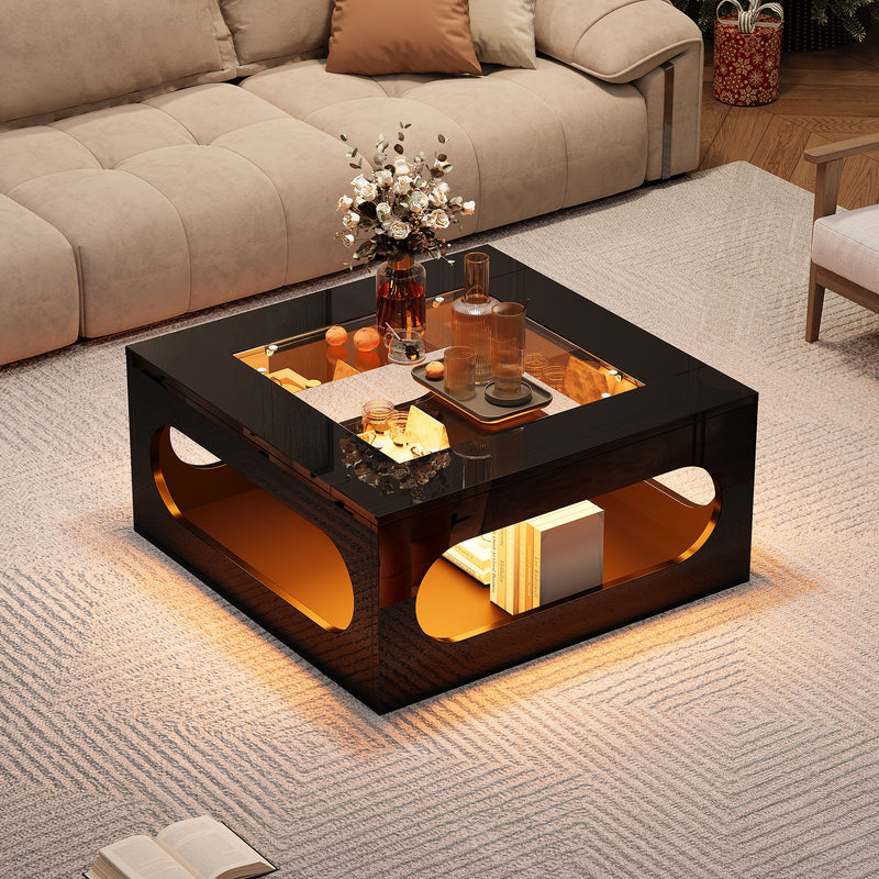 Table basse carrée noire avec plateau en verre trempé et éclairage LED 70x70x35cm UNDERTOW