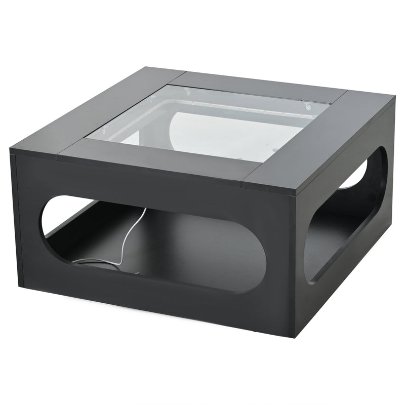 Table basse carrée noire avec plateau en verre trempé et éclairage LED 70x70x35cm UNDERTOW