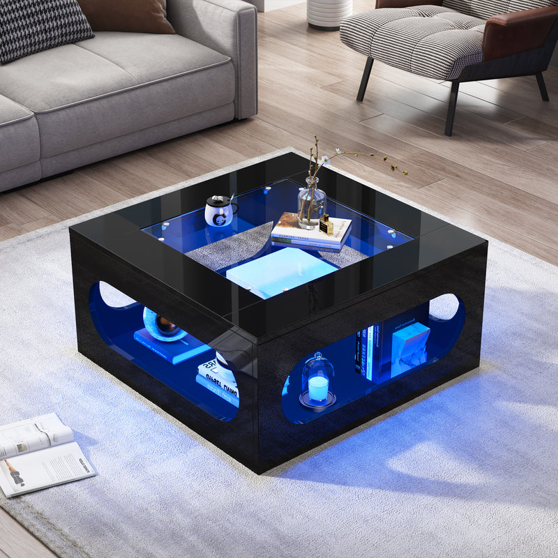 Table basse carrée noire avec plateau en verre trempé et éclairage LED 70x70x35cm UNDERTOW