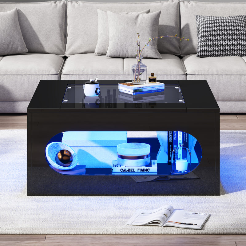 Table basse carrée noire avec plateau en verre trempé et éclairage LED 70x70x35cm UNDERTOW