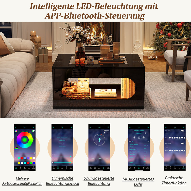 Table basse carrée noire avec plateau en verre trempé et éclairage LED 70x70x35cm UNDERTOW