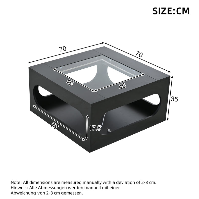 Table basse carrée noire avec plateau en verre trempé et éclairage LED 70x70x35cm UNDERTOW