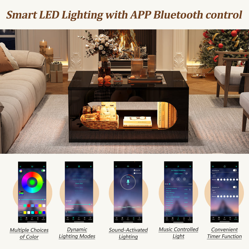 Table basse carrée noire avec plateau en verre trempé et éclairage LED 70x70x35cm UNDERTOW