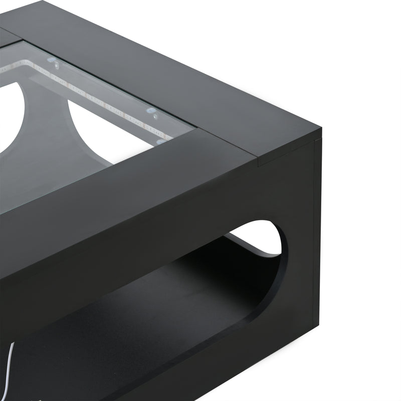 Table basse carrée noire avec plateau en verre trempé et éclairage LED 70x70x35cm UNDERTOW