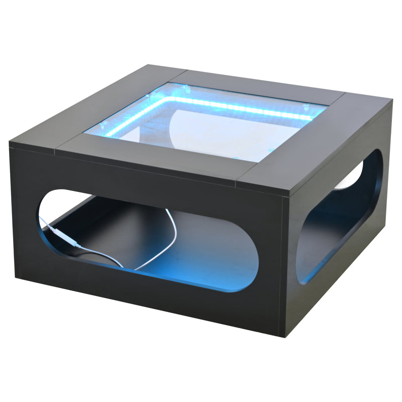 Table basse carrée noire avec plateau en verre trempé et éclairage LED 70x70x35cm UNDERTOW