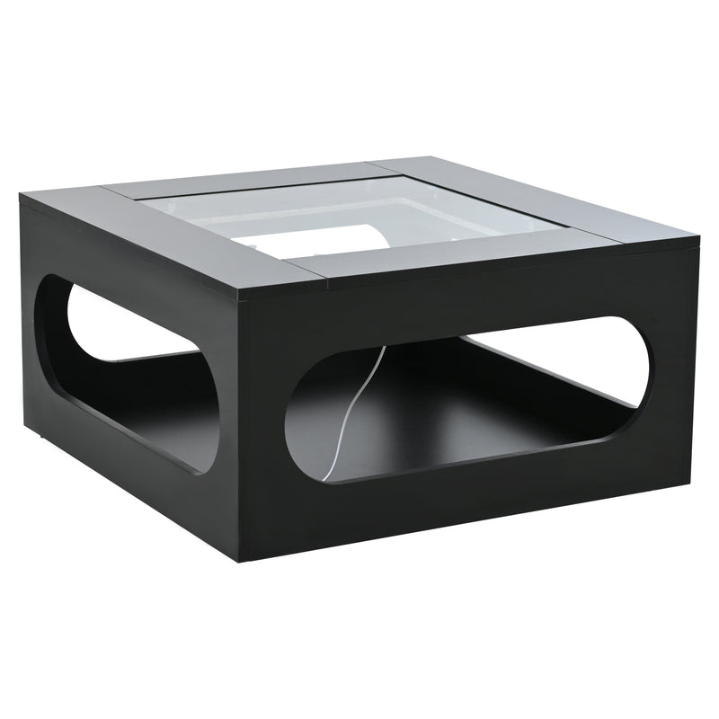 Table basse carrée noire avec plateau en verre trempé et éclairage LED 70x70x35cm UNDERTOW