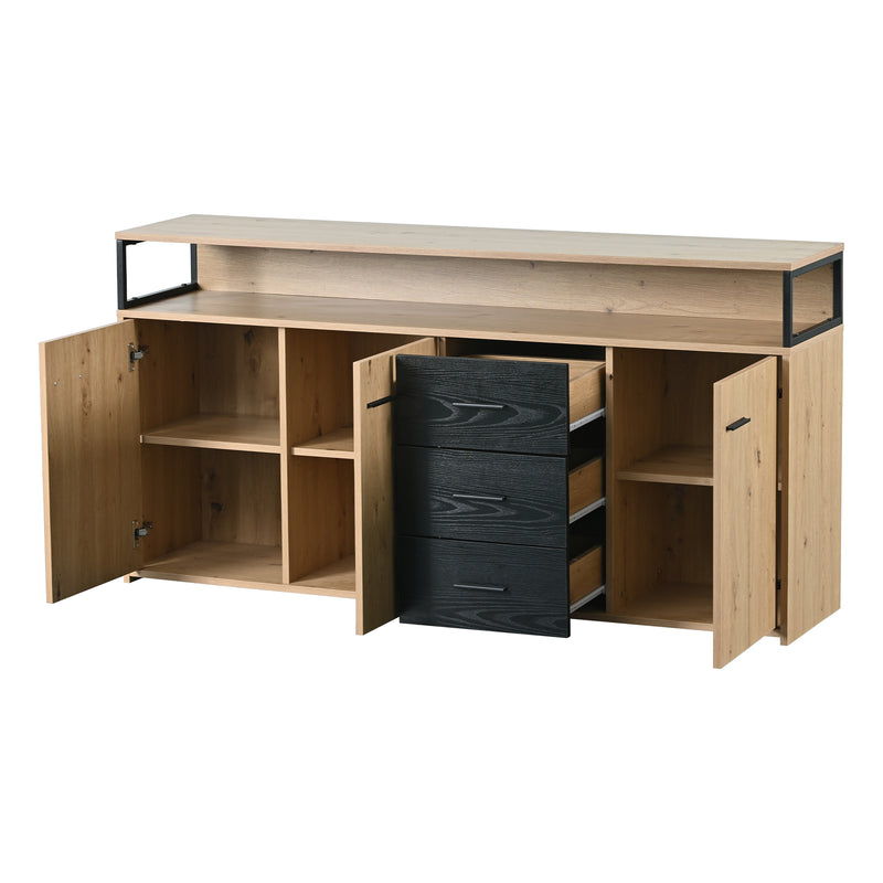 Buffet industriel effet bois avec 3 portes et 3 tiroirs rangement avec poignée métallique 150x35x75,9cm VAGNAD