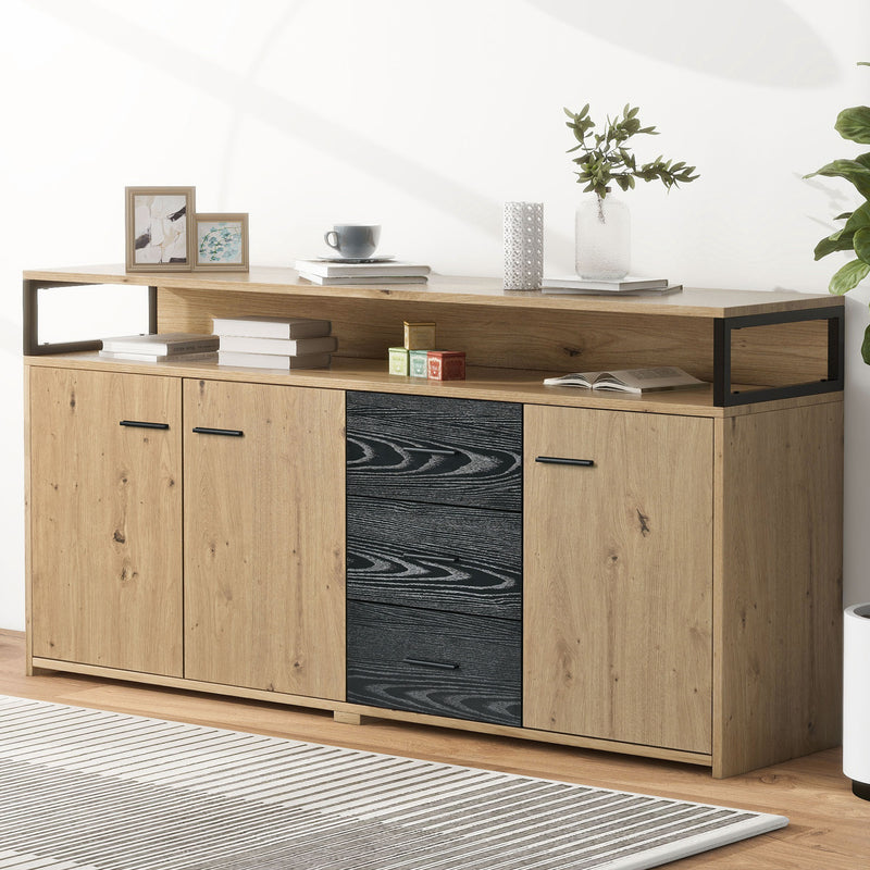 Buffet industriel effet bois avec 3 portes et 3 tiroirs rangement avec poignée métallique 150x35x75,9cm VAGNAD