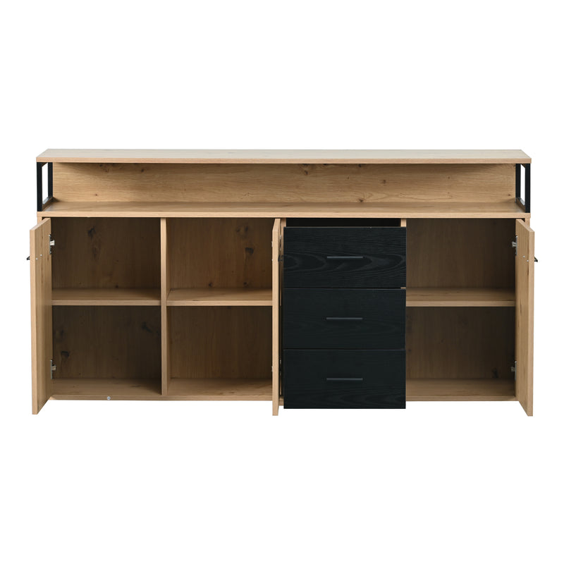 Buffet industriel effet bois avec 3 portes et 3 tiroirs rangement avec poignée métallique 150x35x75,9cm VAGNAD