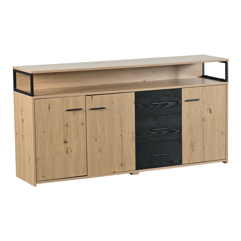 Buffet industriel effet bois avec 3 portes et 3 tiroirs rangement avec poignée métallique 150x35x75,9cm VAGNAD