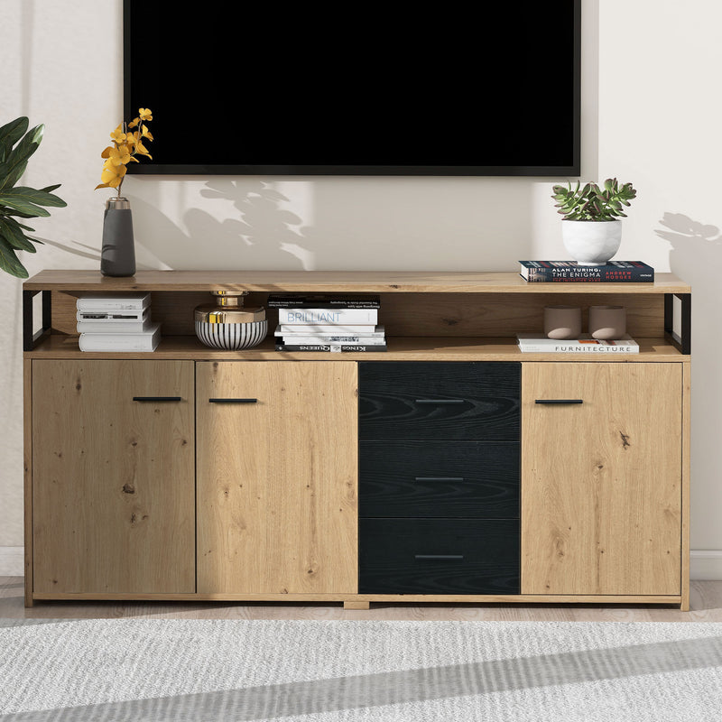 Buffet industriel effet bois avec 3 portes et 3 tiroirs rangement avec poignée métallique 150x35x75,9cm VAGNAD