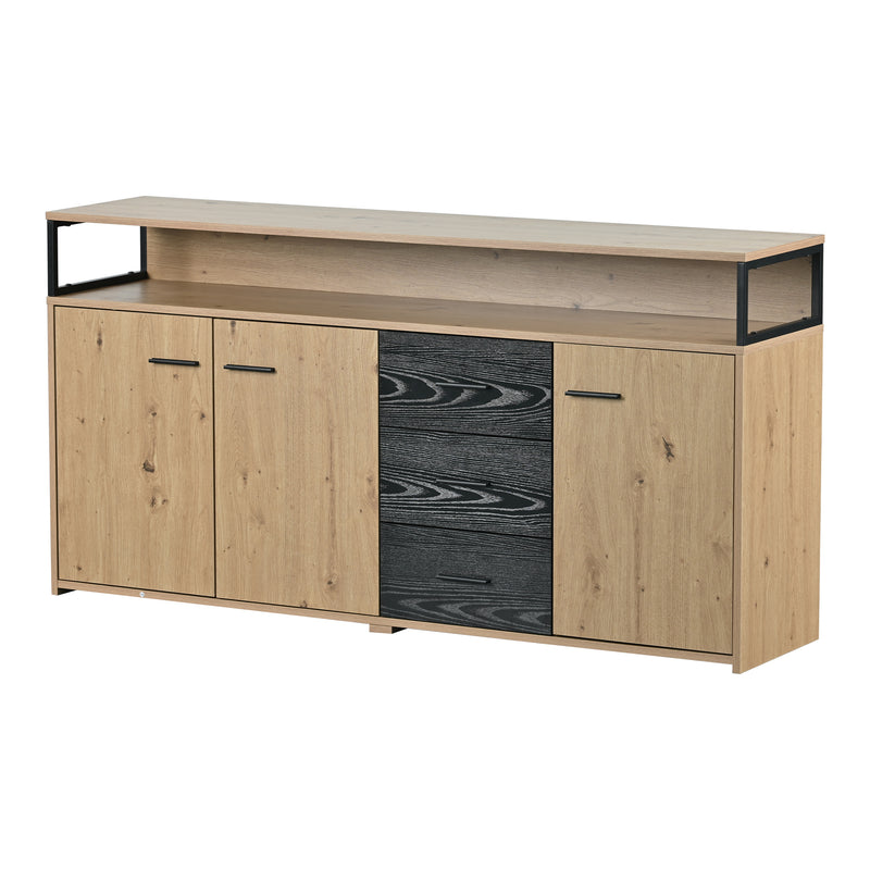 Buffet industriel effet bois avec 3 portes et 3 tiroirs rangement avec poignée métallique 150x35x75,9cm VAGNAD