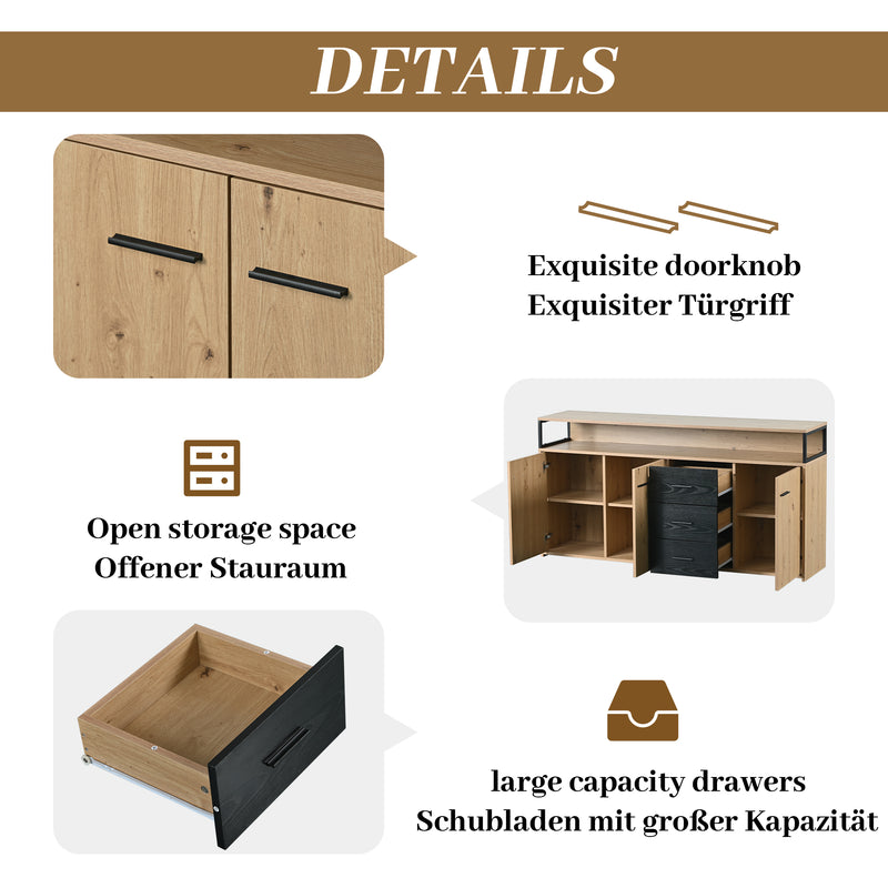 Buffet industriel effet bois avec 3 portes et 3 tiroirs rangement avec poignée métallique 150x35x75,9cm VAGNAD