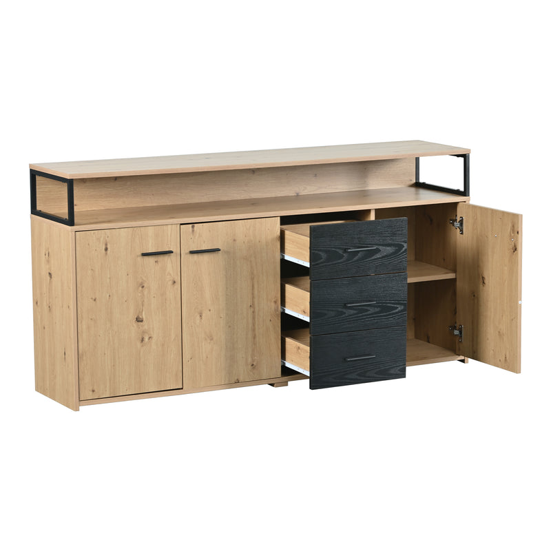 Buffet industriel effet bois avec 3 portes et 3 tiroirs rangement avec poignée métallique 150x35x75,9cm VAGNAD