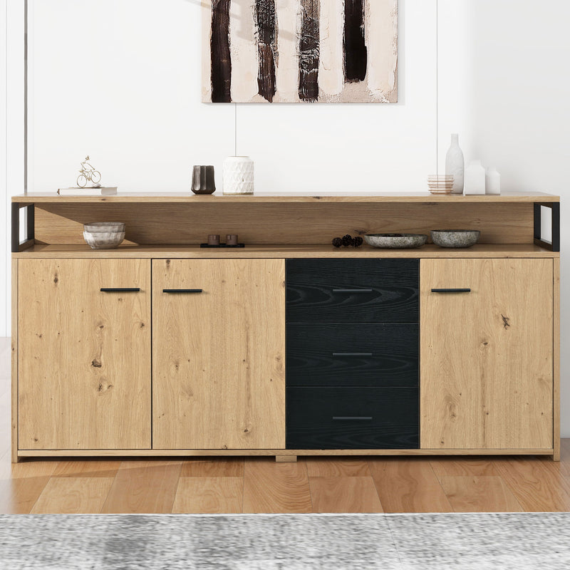 Buffet industriel effet bois avec 3 portes et 3 tiroirs rangement avec poignée métallique 150x35x75,9cm VAGNAD