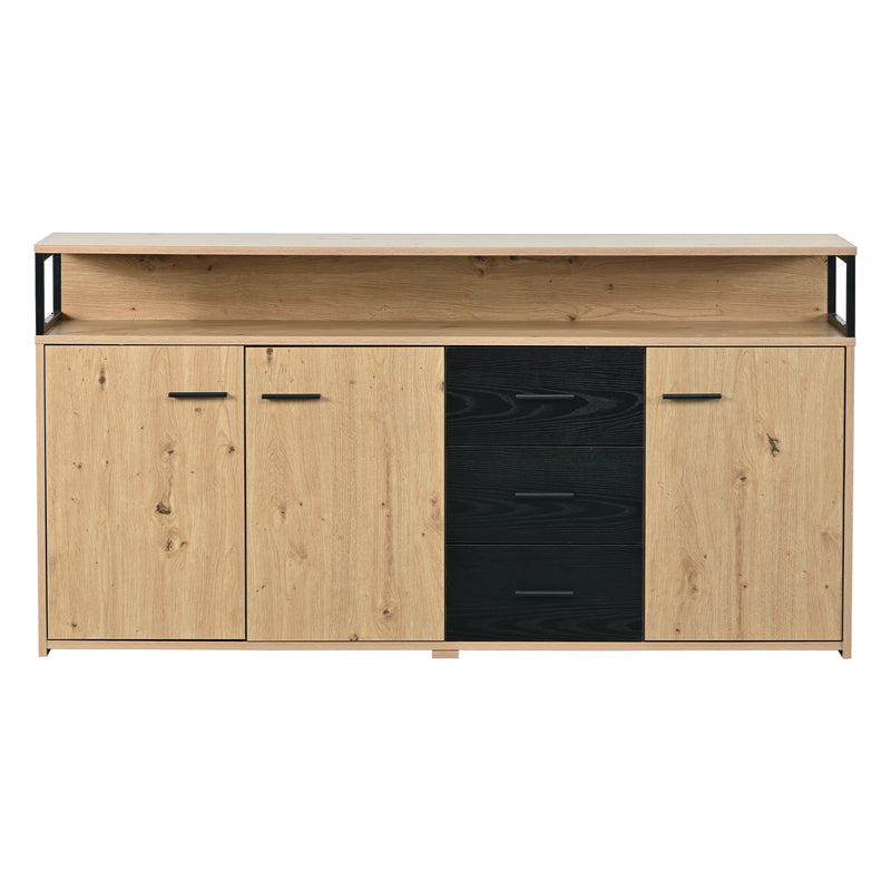 Buffet industriel effet bois avec 3 portes et 3 tiroirs rangement avec poignée métallique 150x35x75,9cm VAGNAD