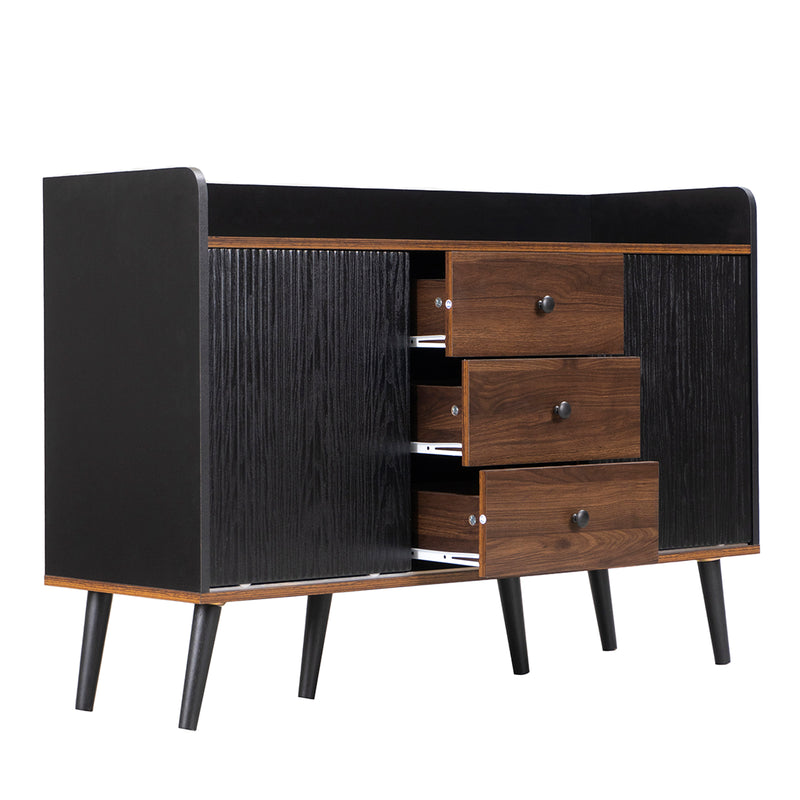 Buffet élégant vintage effet bois noyer et noir avec 2 portes coulissantes VEKAID BLACK