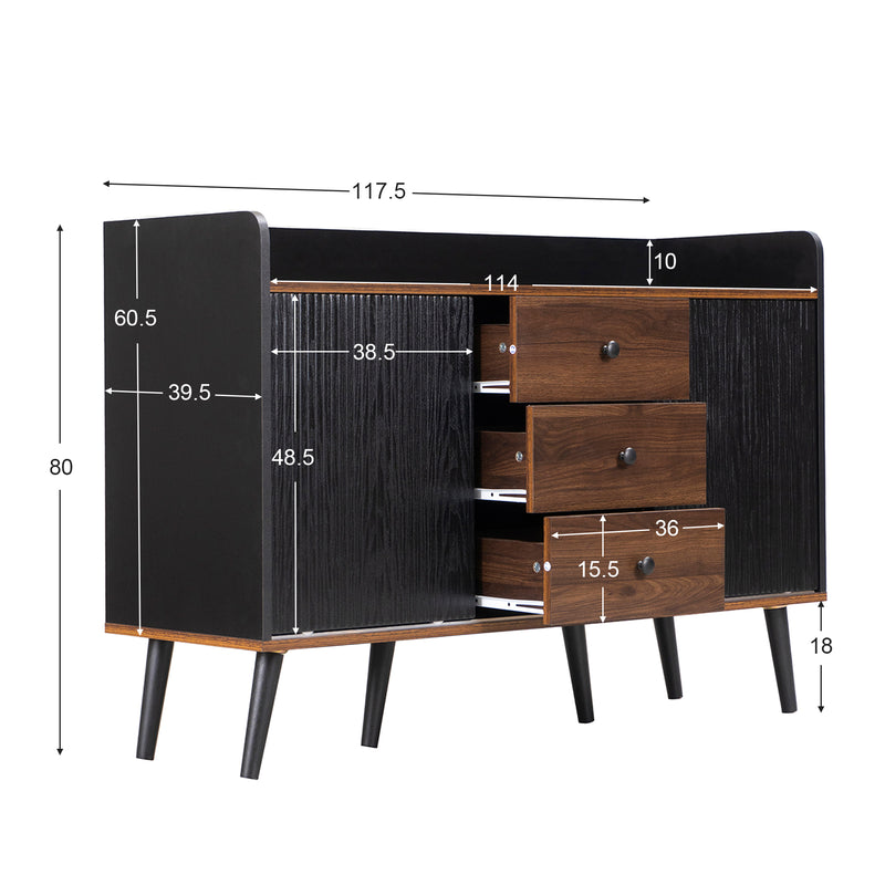 Buffet élégant vintage effet bois noyer et noir avec 2 portes coulissantes VEKAID BLACK