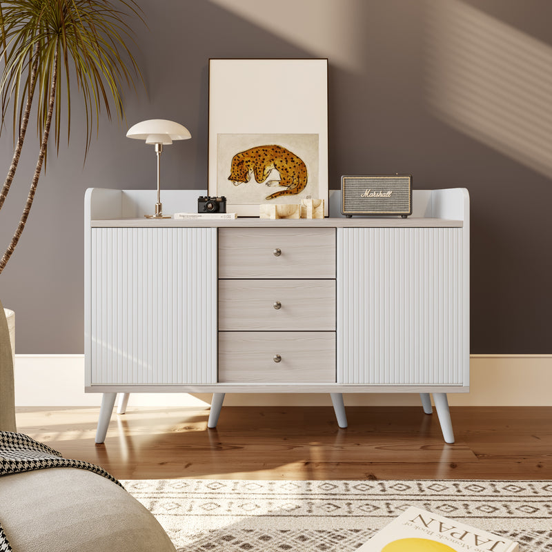 Buffet élégant blanc effet bois blanc 3 tiroirs avec 2 portes coulissantes VEKAID WHITE