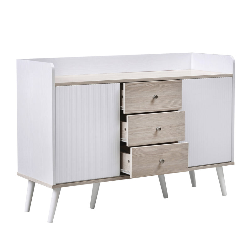 Buffet élégant blanc effet bois blanc 3 tiroirs avec 2 portes coulissantes VEKAID WHITE