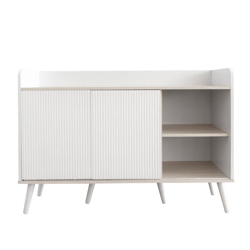 Buffet élégant blanc effet bois blanc 3 tiroirs avec 2 portes coulissantes VEKAID WHITE