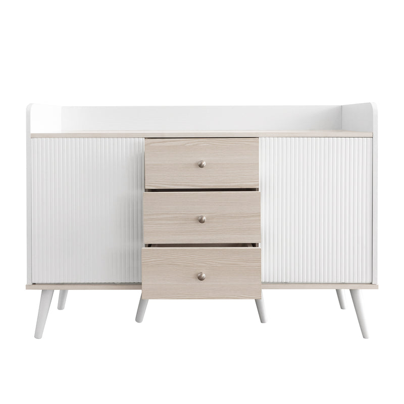 Buffet élégant blanc effet bois blanc 3 tiroirs avec 2 portes coulissantes VEKAID WHITE