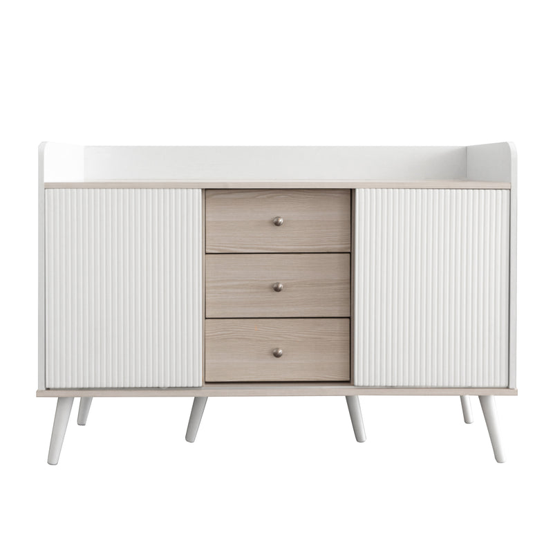 Buffet élégant blanc effet bois blanc 3 tiroirs avec 2 portes coulissantes VEKAID WHITE