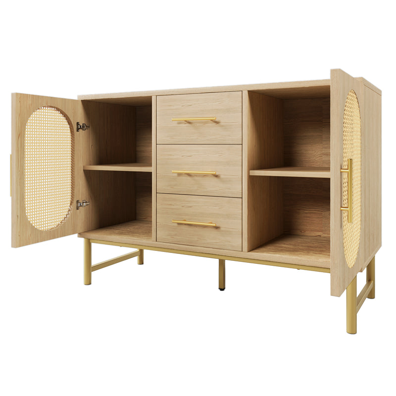 Buffet effet bois chêne en rotin avec 3 tiroirs et 2 portes 120x40x74cm VIGOIH