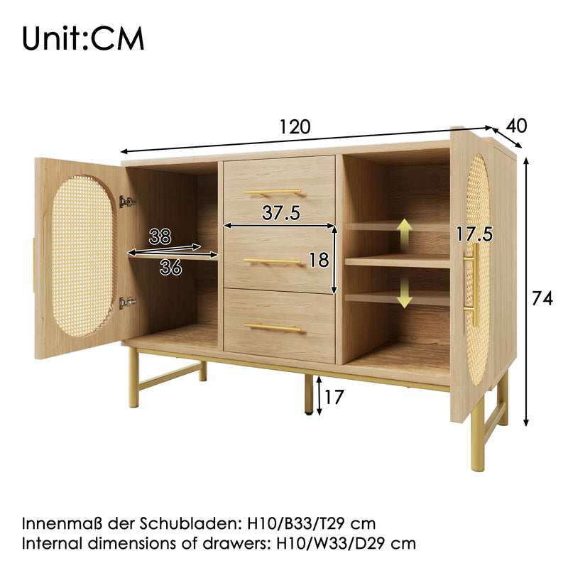 Buffet effet bois chêne en rotin avec 3 tiroirs et 2 portes 120x40x74cm VIGOIH