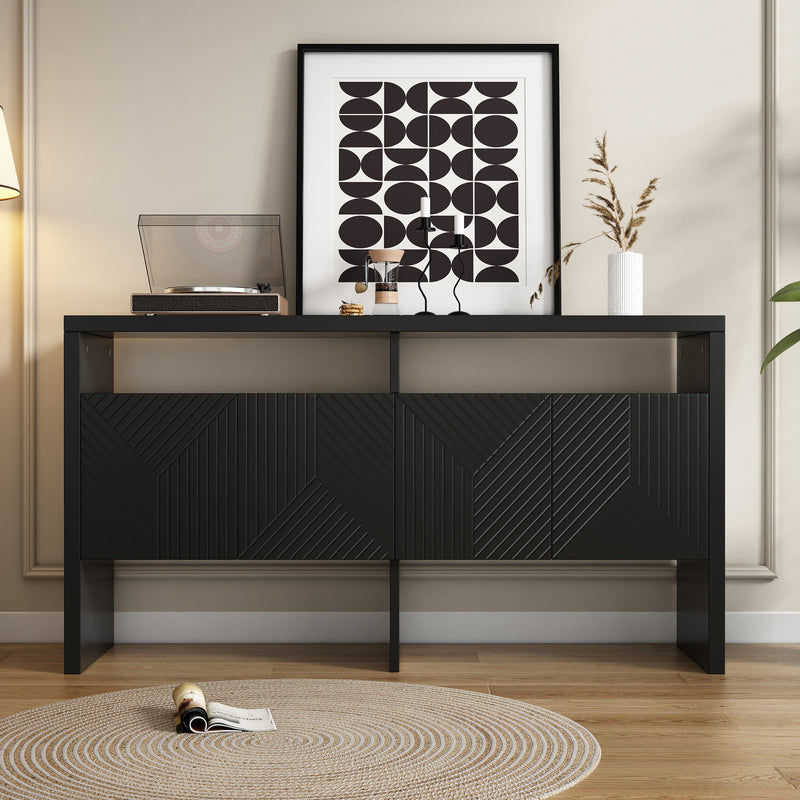Buffet noir moderne avec 4 portes texturées et 2 niches ouverts VOSTETS