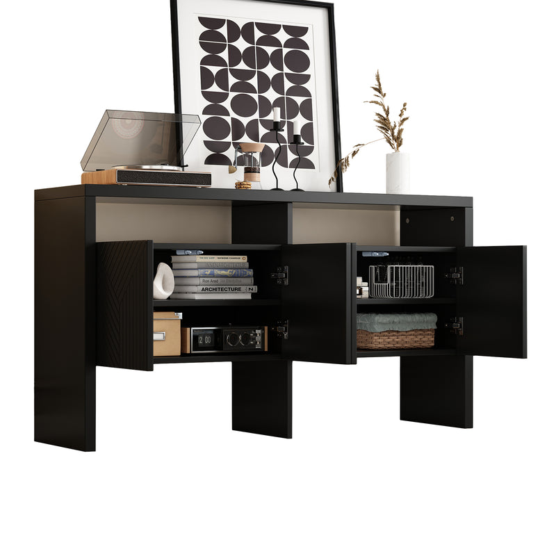 Buffet noir moderne avec 4 portes texturées et 2 niches ouverts VOSTETS