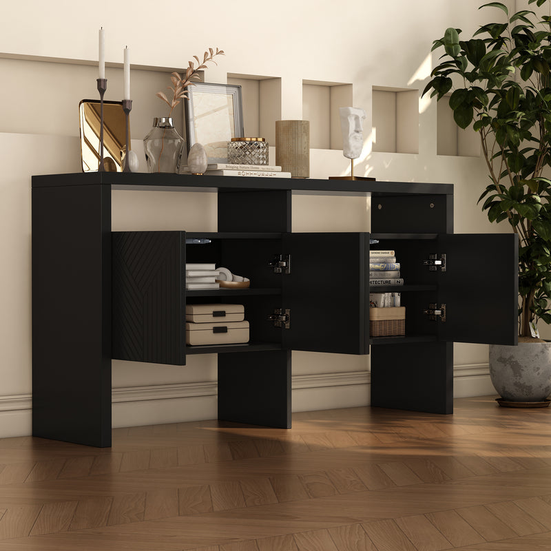 Buffet noir moderne avec 4 portes texturées et 2 niches ouverts VOSTETS