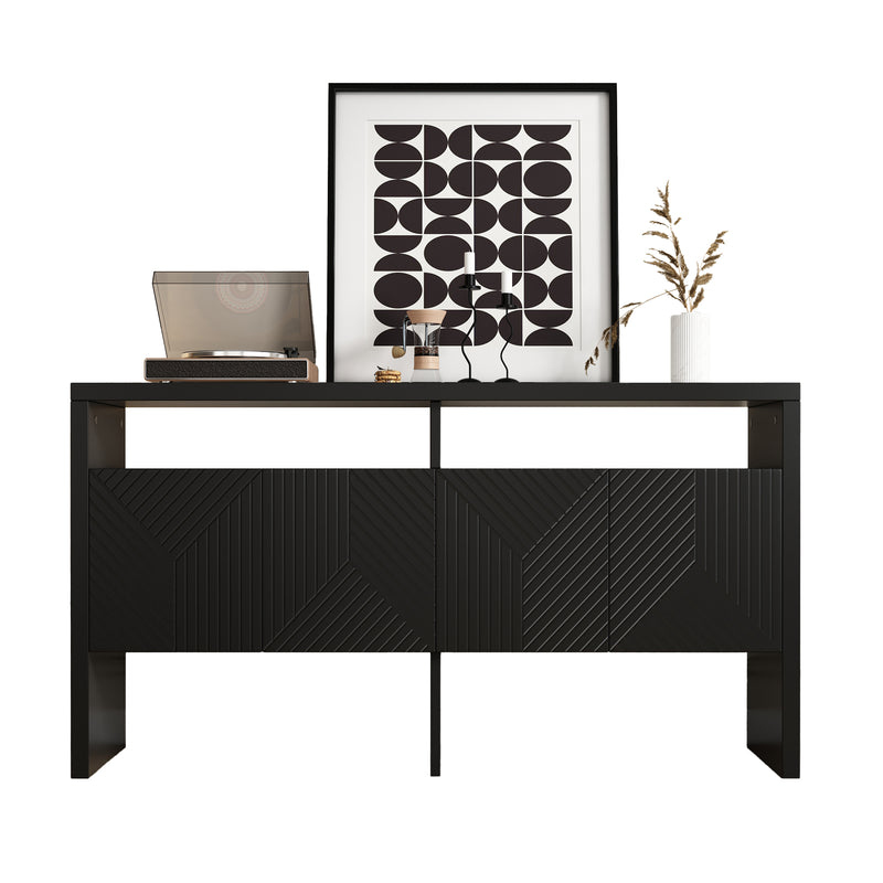 Buffet noir moderne avec 4 portes texturées et 2 niches ouverts VOSTETS