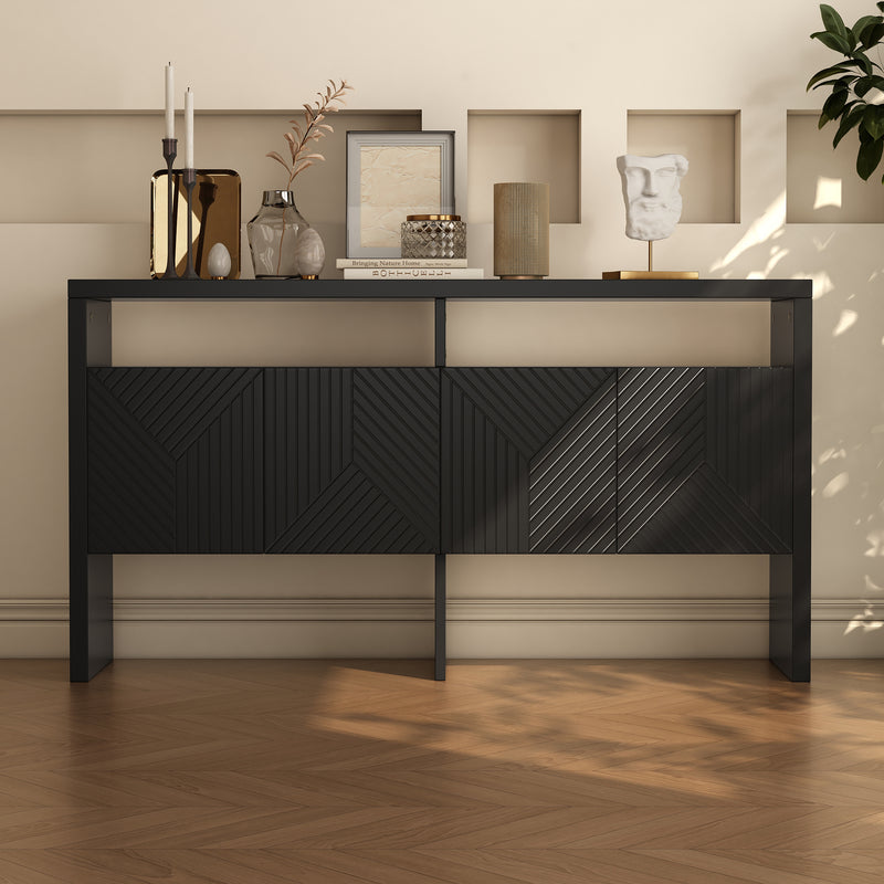 Buffet noir moderne avec 4 portes texturées et 2 niches ouverts VOSTETS