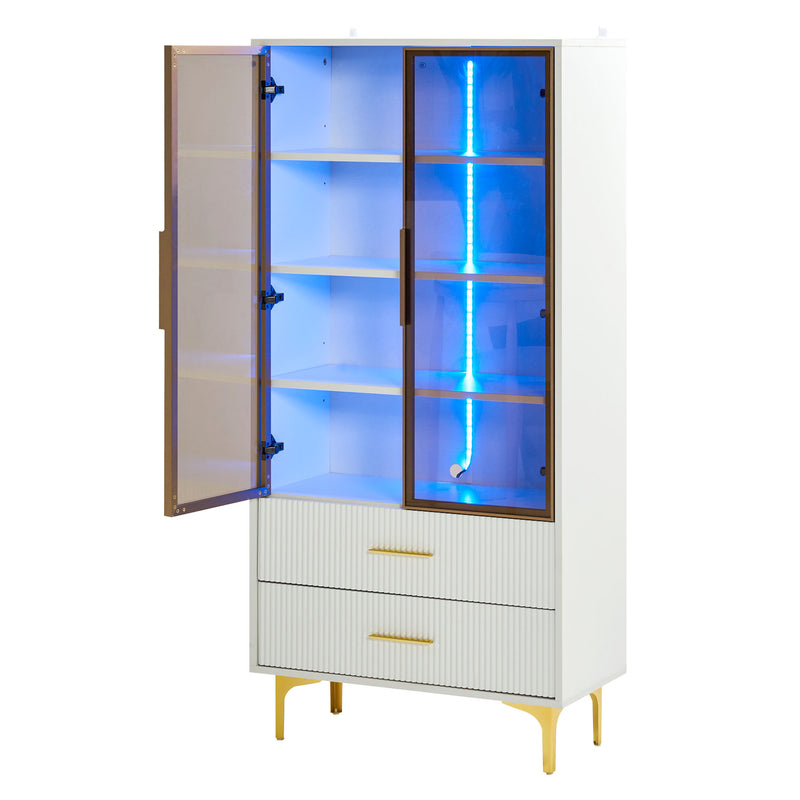 Vitrine haute élégante blanche avec portes vitrées éclairage LED intégrées VRETONS