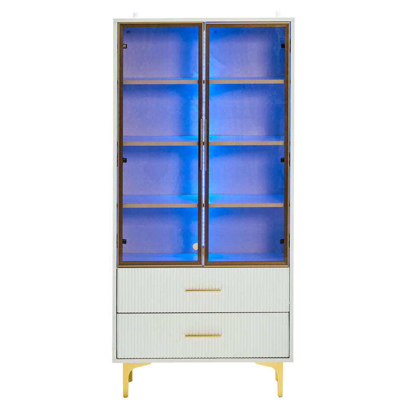 Vitrine haute élégante blanche avec portes vitrées éclairage LED intégrées VRETONS