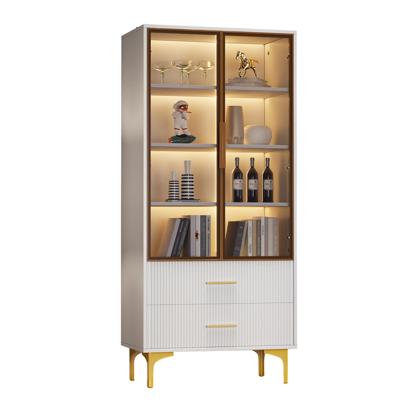 Vitrine haute élégante blanche avec portes vitrées éclairage LED intégrées VRETONS