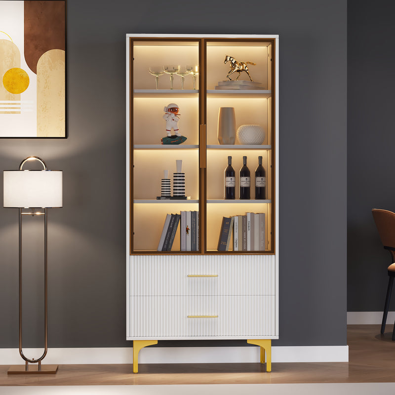 Vitrine haute élégante blanche avec portes vitrées éclairage LED intégrées VRETONS