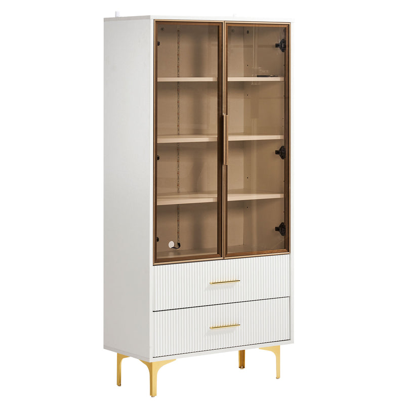 Vitrine haute élégante blanche avec portes vitrées éclairage LED intégrées VRETONS