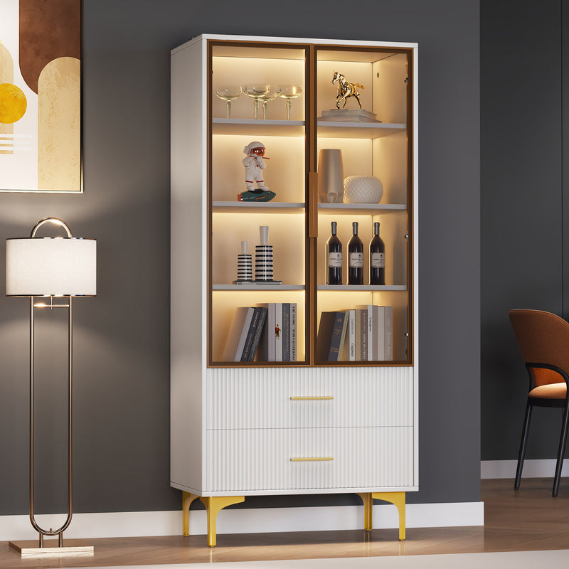 Vitrine haute élégante blanche avec portes vitrées éclairage LED intégrées VRETONS