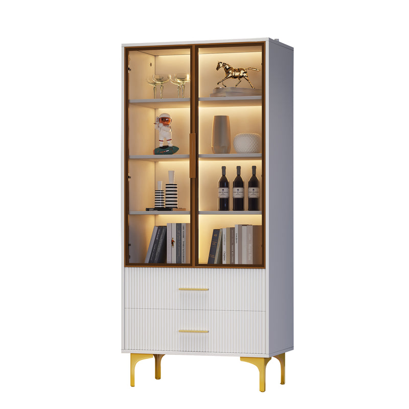 Vitrine haute élégante blanche avec portes vitrées éclairage LED intégrées VRETONS