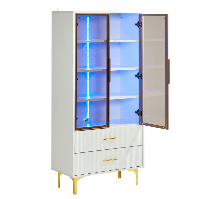 Vitrine haute élégante blanche avec portes vitrées éclairage LED intégrées VRETONS