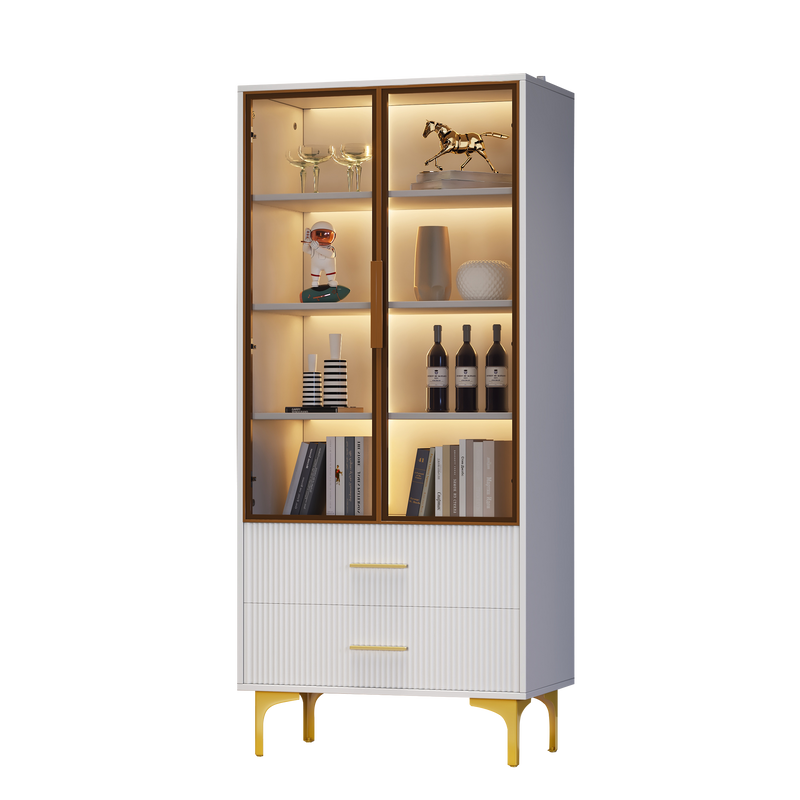 Vitrine haute élégante blanche avec portes vitrées éclairage LED intégrées VRETONS