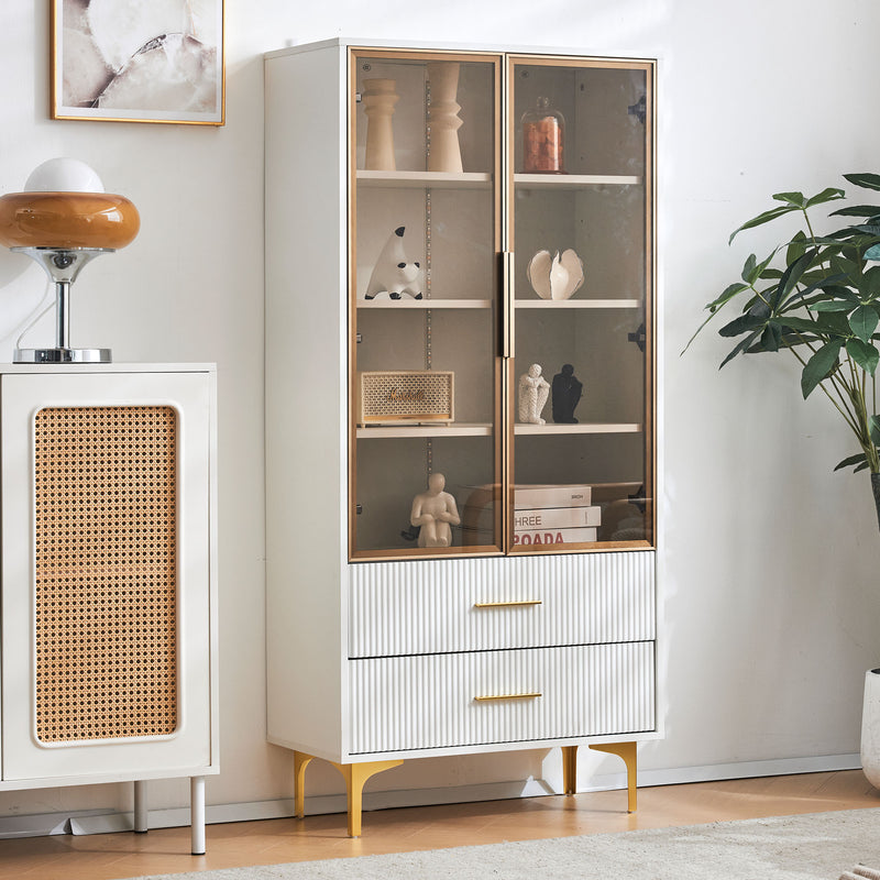 Vitrine haute élégante blanche avec portes vitrées éclairage LED intégrées VRETONS