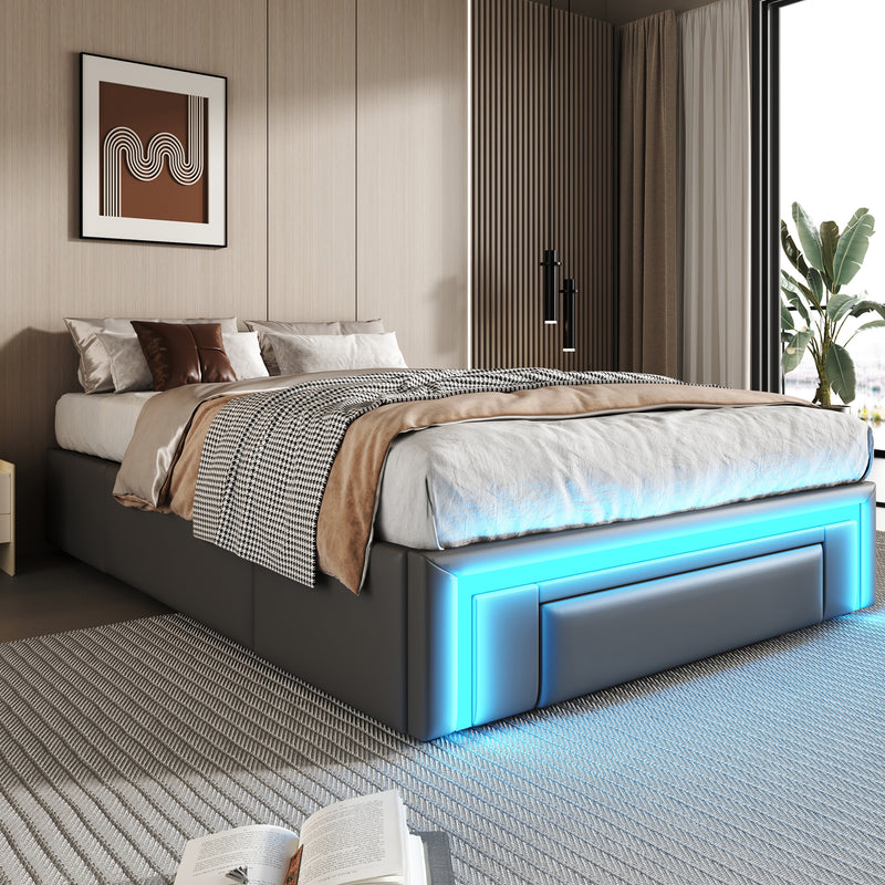 Cadre de lit simple gris en similicuir PU avec éclairage LED (90x200cm) et tiroirs VRULS