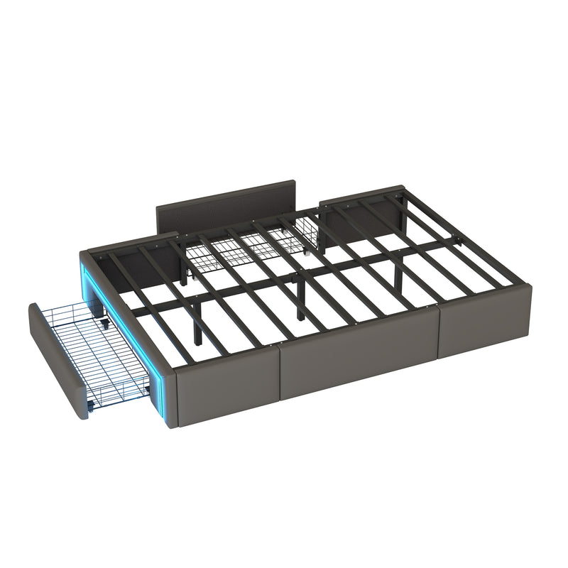Cadre de lit simple gris en similicuir PU avec éclairage LED (90x200cm) et tiroirs VRULS