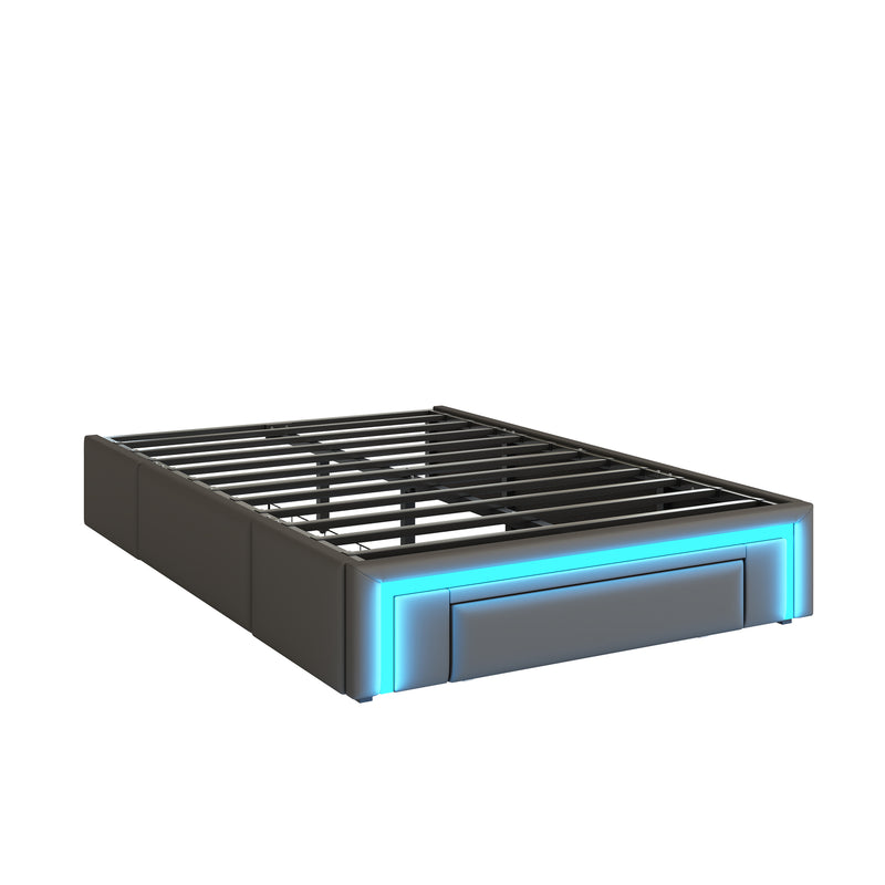 Cadre de lit simple gris en similicuir PU avec éclairage LED (90x200cm) et tiroirs VRULS